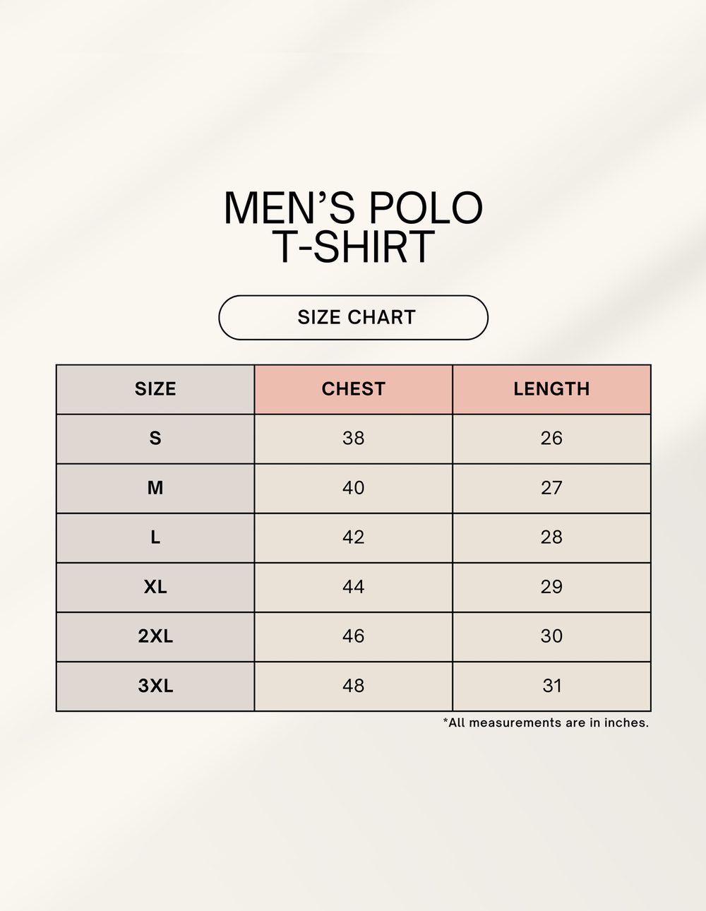 Size Chart for Black Polo T-Shirt